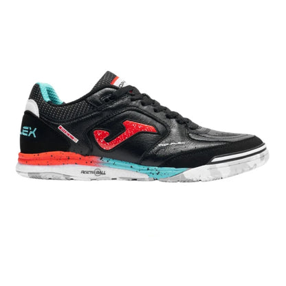 A Joma athletic shoe in black with red and turquoise accents, featuring a textured synthetic leather upper, black laces, and a speckled white, red, and turquoise sole.