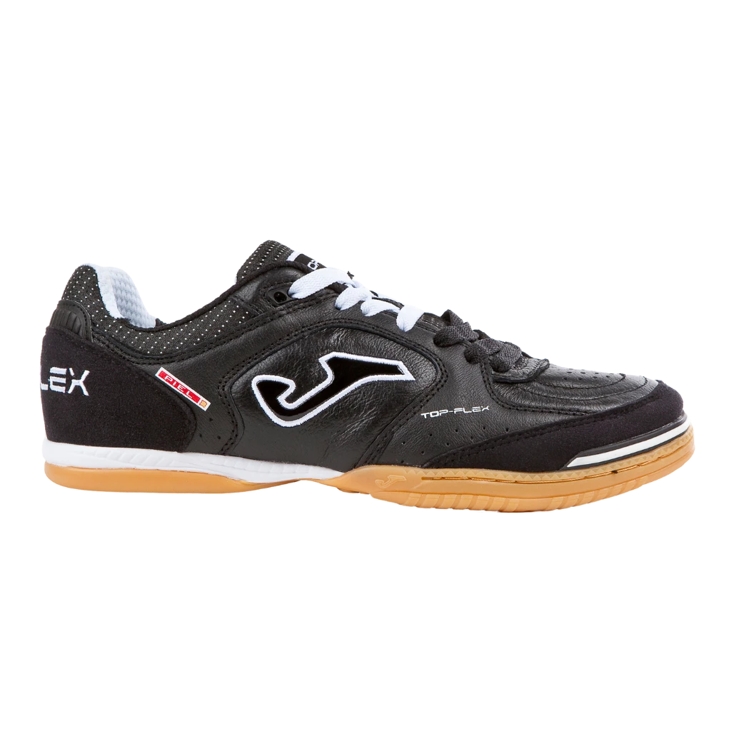 Joma Top Flex Black 2121 indoor futsal shoe in black leather with a gum outsole