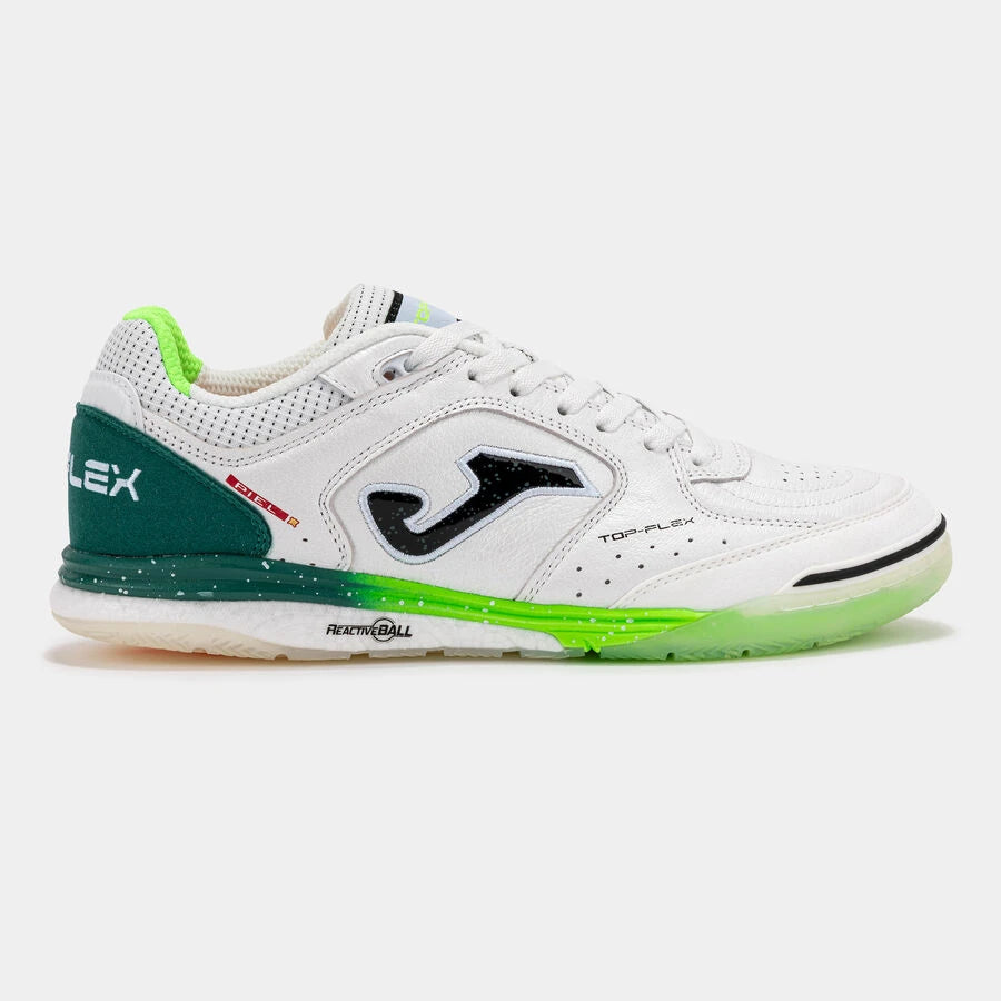 Joma Top Flex Rebound White/Lime futsal shoe, lateral side view